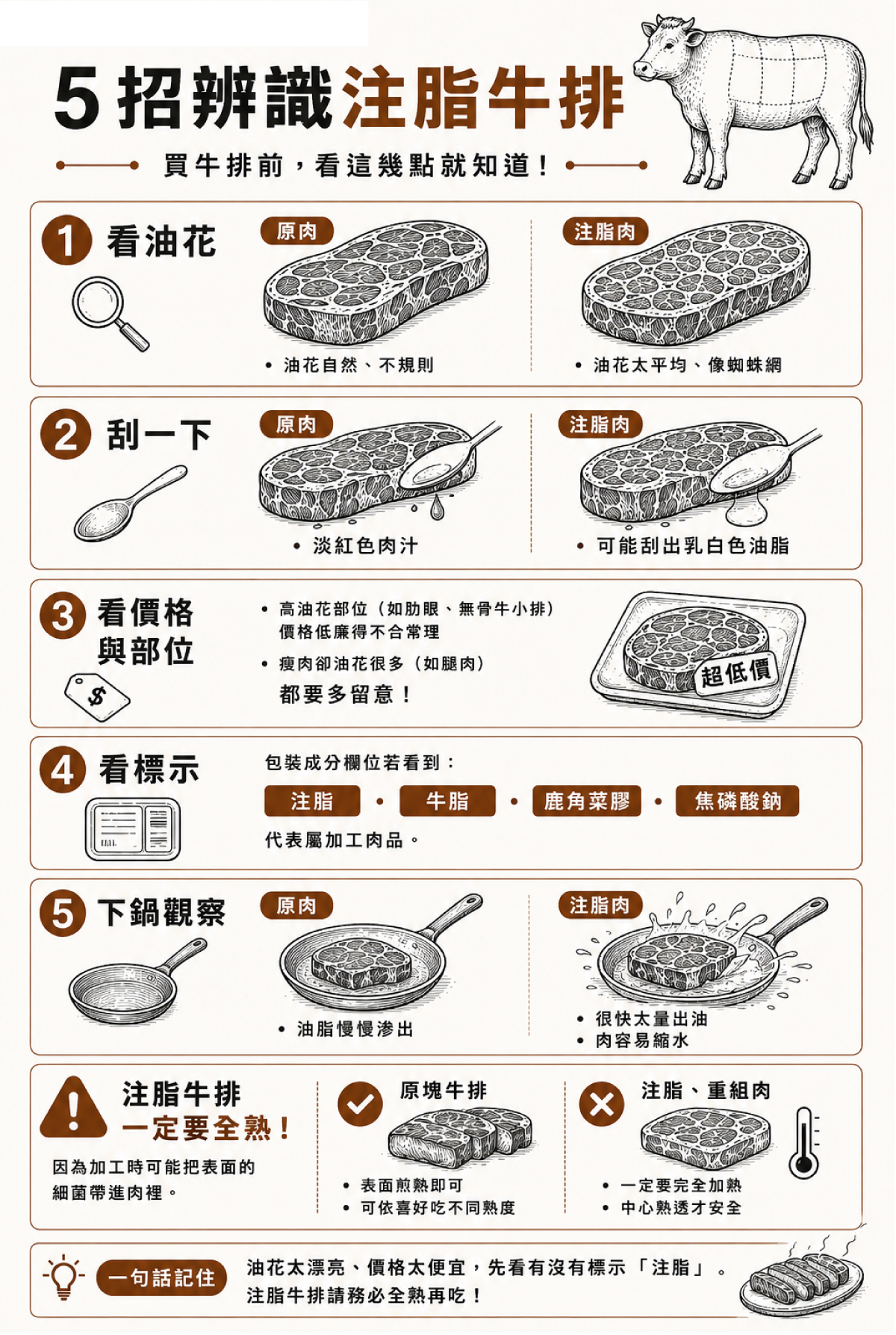 台灣 TFDA 標示規定說明：注脂肉須標明僅供熟食與注脂字樣