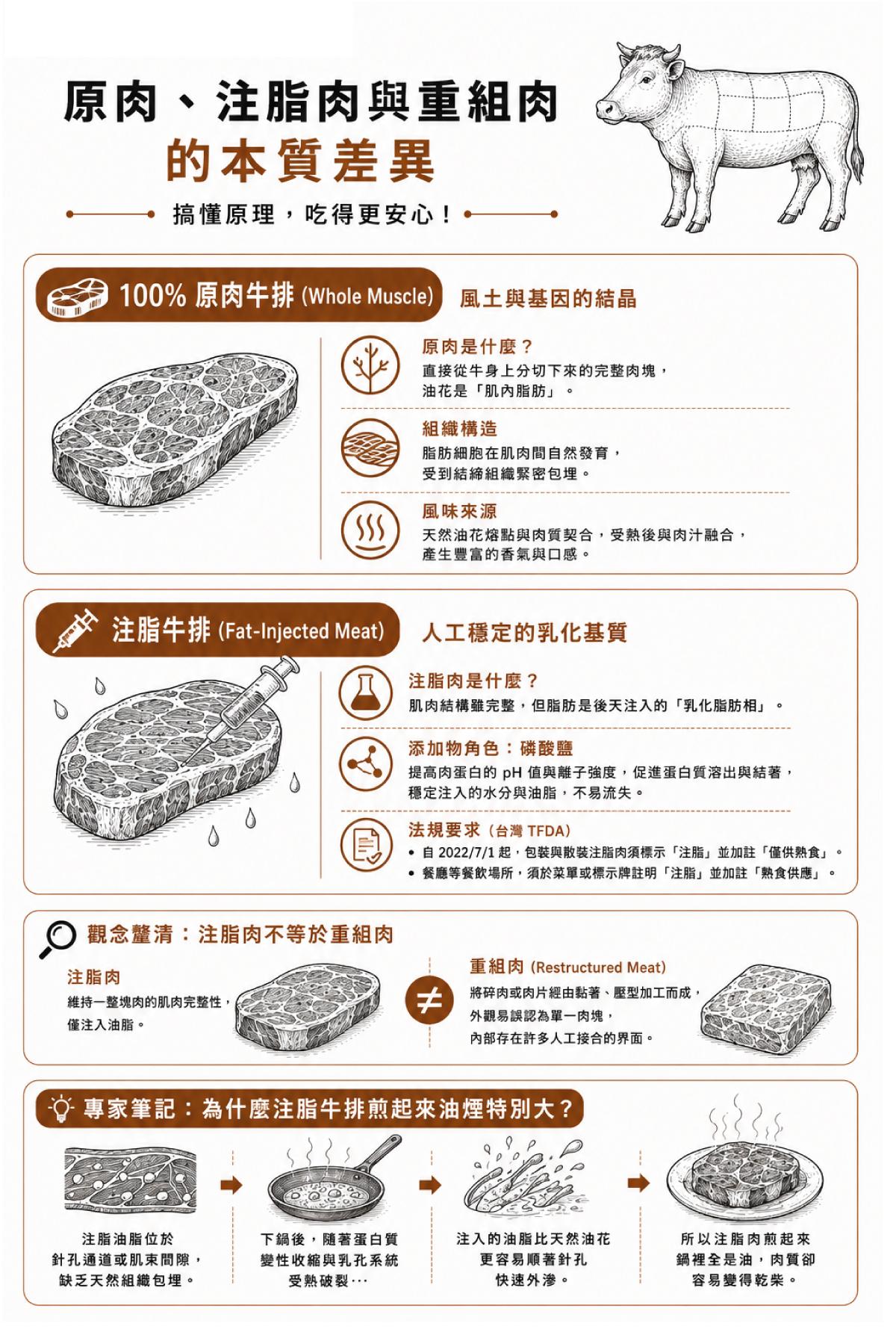 注脂牛排解凍測試：使用湯匙表面刮出乳白色乳化油脂示意圖