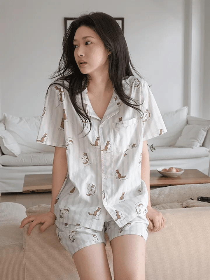 [☁全棉] Juuneedu｜[短袖睡衣] Momo Stripe Pajama [2 colors]