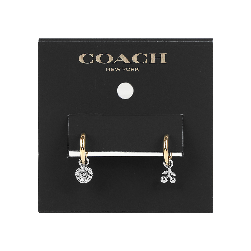 【COACH】茶玫瑰及櫻桃吊墜不對稱針式耳環(金色/銀色)