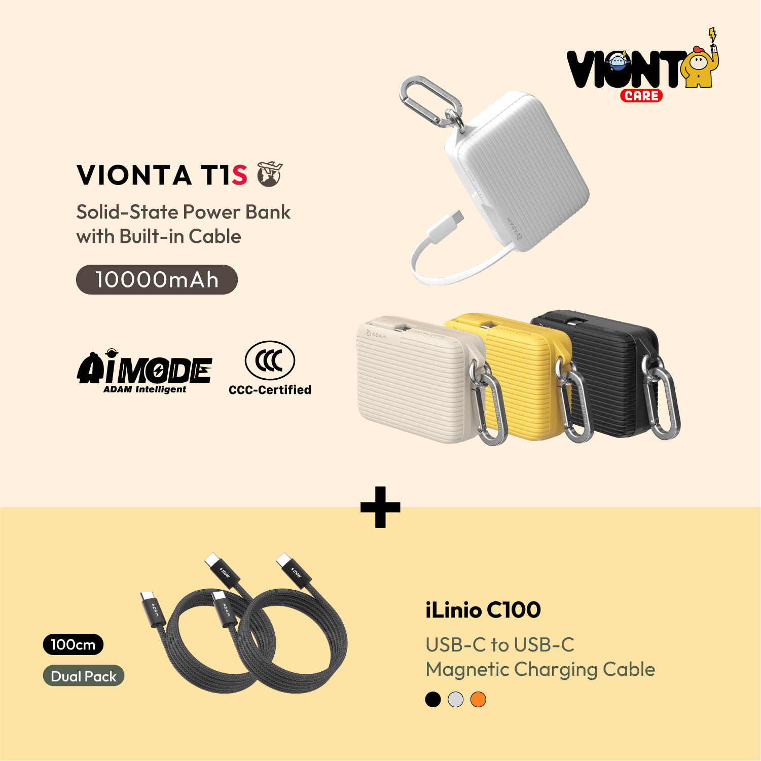 VIONTA T1S 10000mAh Solid-State Power Bank with Built-In Cable + iLinio C100 USB-C to USB-C 100W Magnetic Charging Cable (2-Pack)