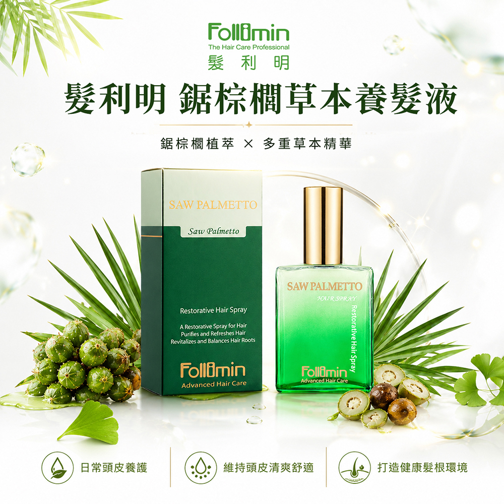 Follimin 髮利明 養髮液 鋸棕櫚草本養髮液 平衡遺傳因素 毛髮穩固並防止弱髮
