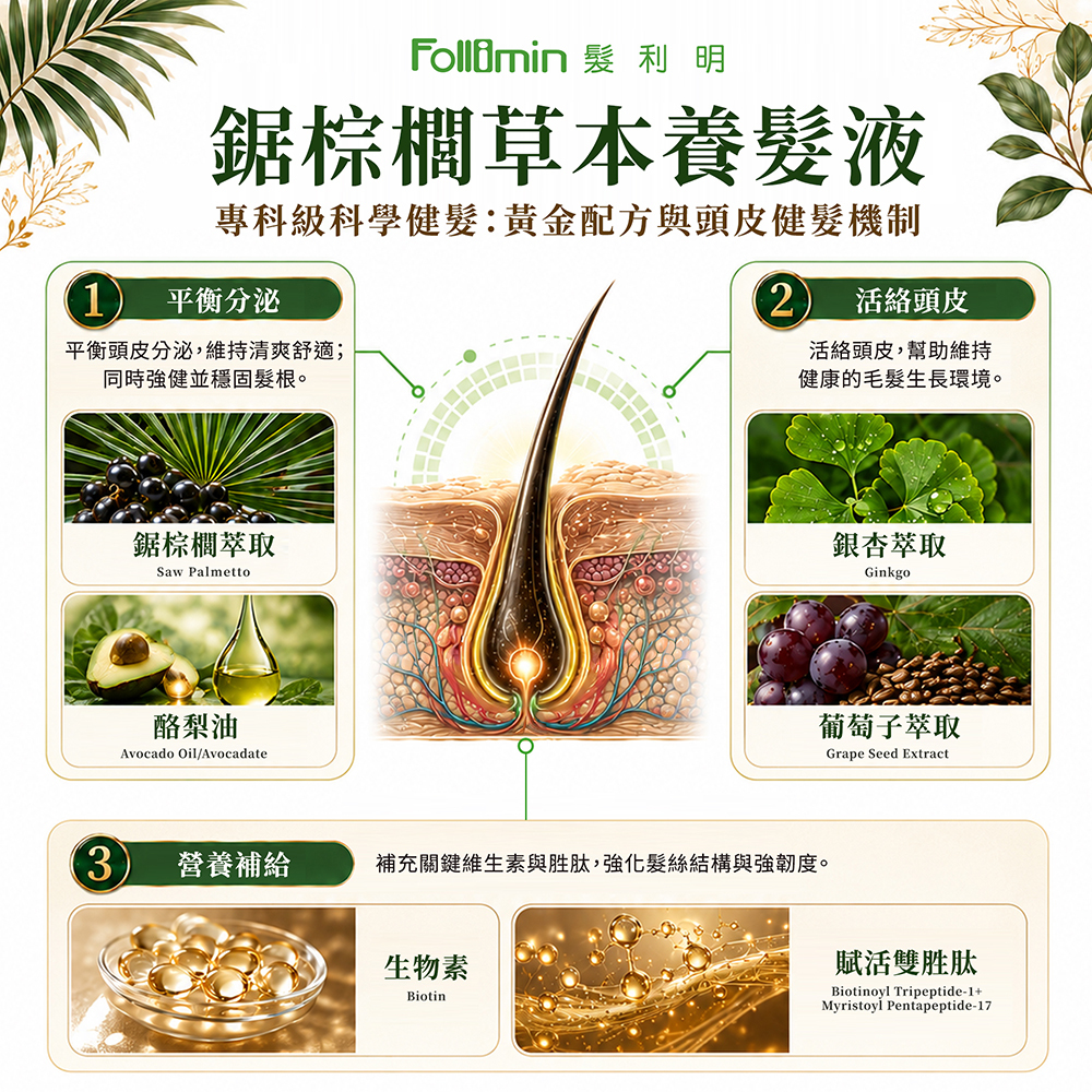 Follimin 髮利明 養髮液 鋸棕櫚草本養髮液 平衡遺傳因素 毛髮穩固並防止弱髮