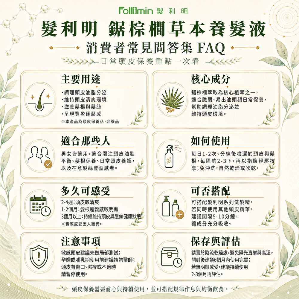 Follimin 髮利明 養髮液 鋸棕櫚草本養髮液 平衡遺傳因素 毛髮穩固並防止弱髮