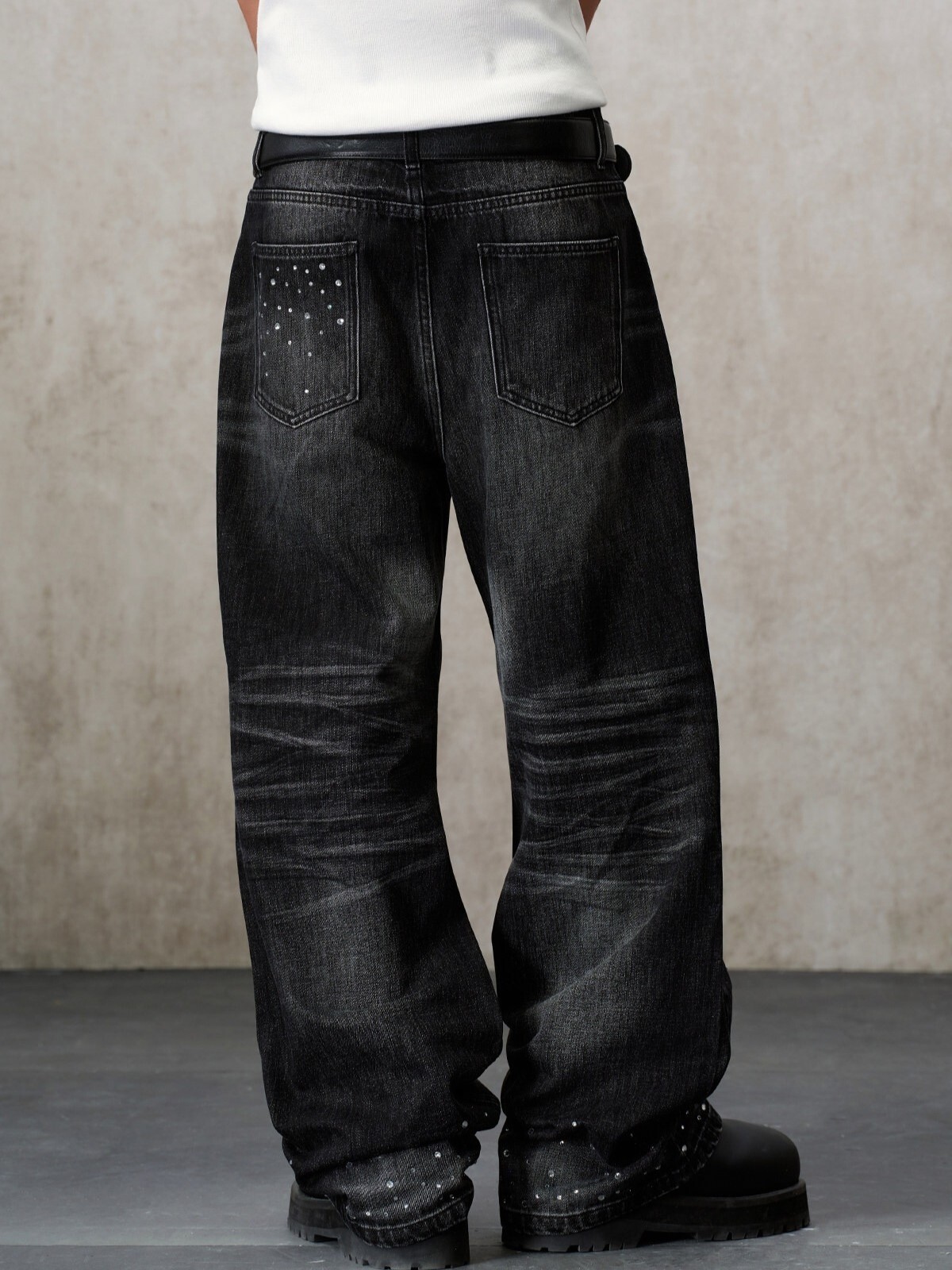 STK SmallTownKid Washed High-Density Twill Jeans with All-Over-the-Top Rhinestones and Loose Fit