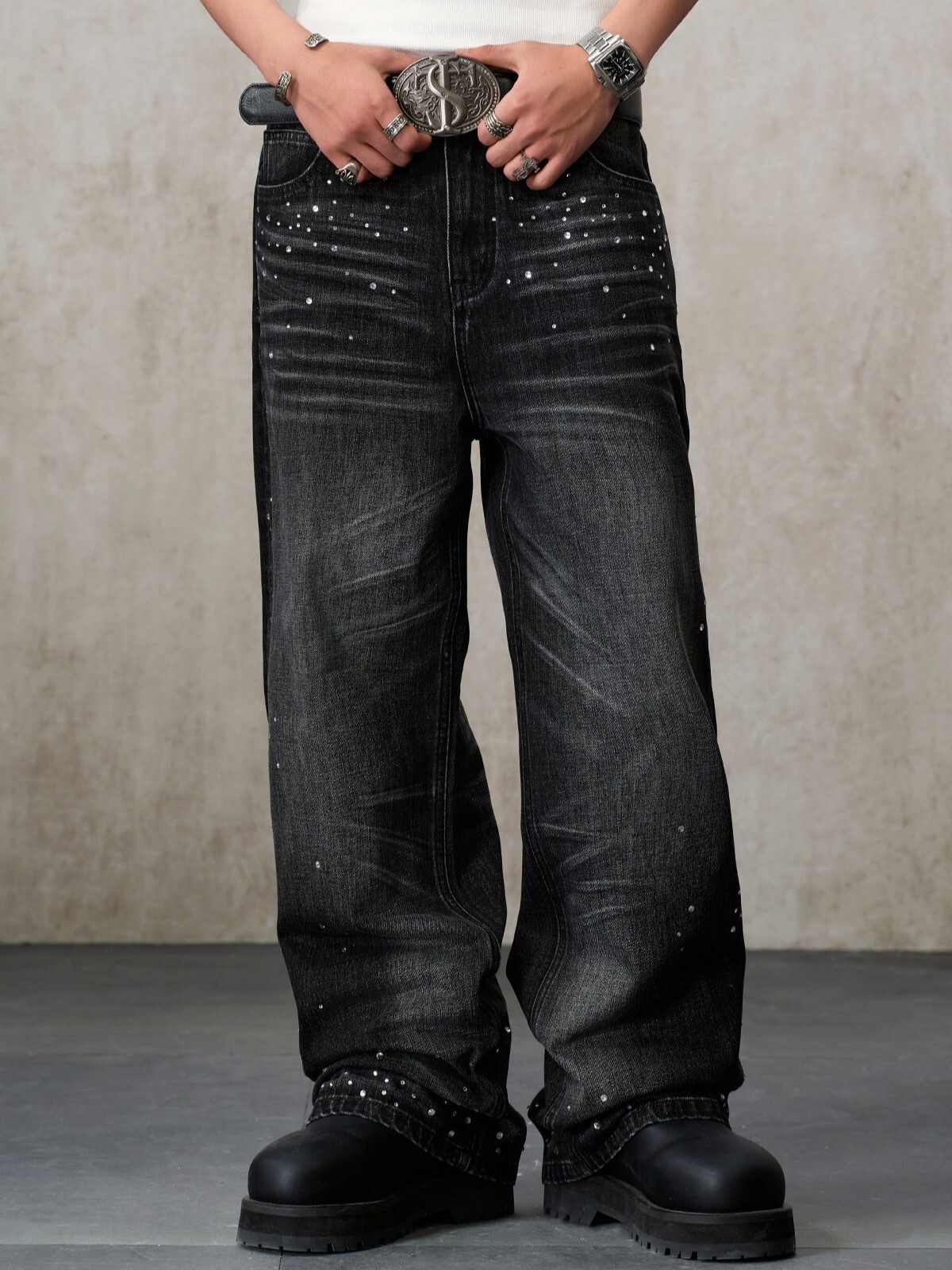 STK SmallTownKid Washed High-Density Twill Jeans with All-Over-the-Top Rhinestones and Loose Fit