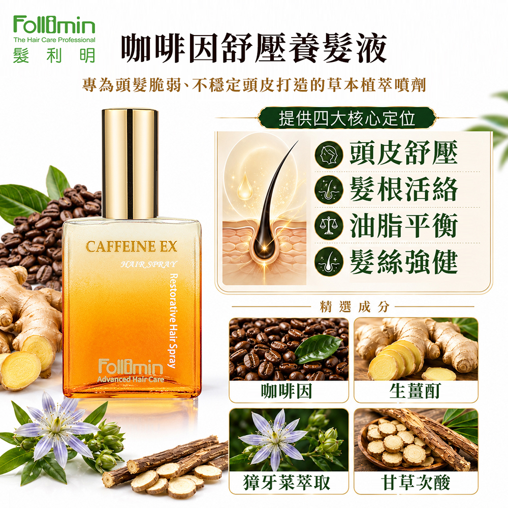 Follimin 髮利明 養髮液  咖啡因舒壓養髮液 淨化活絡頭皮 活化脆弱毛髮 加強循環舒壓