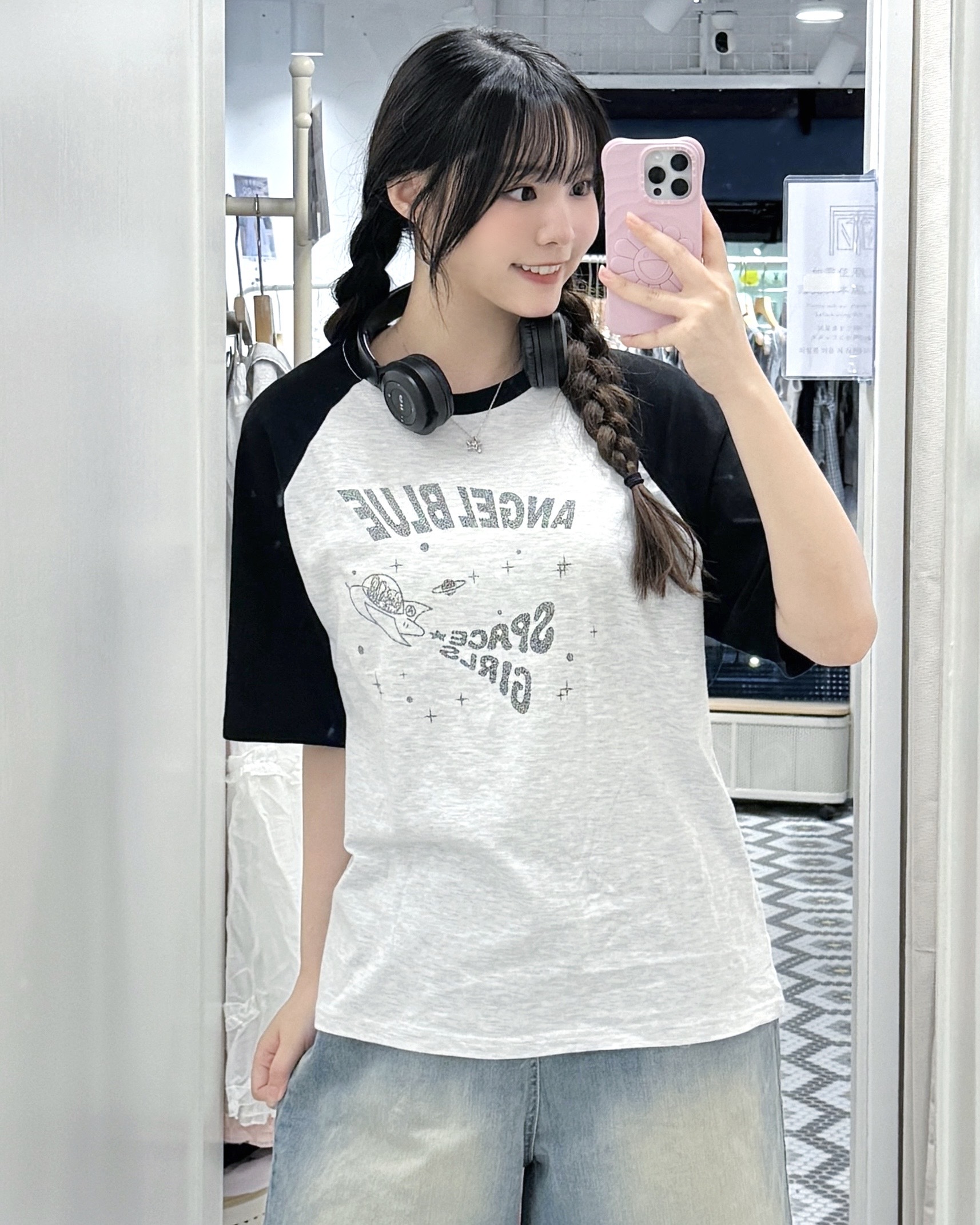 T1570｜韓感牛角袖粒粒字ANGEL BLUE SPACE GIRL TEE