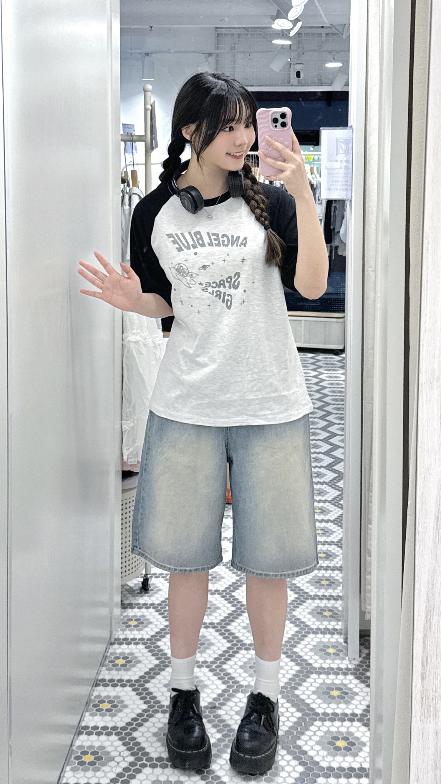 T1570｜韓感牛角袖粒粒字ANGEL BLUE SPACE GIRL TEE