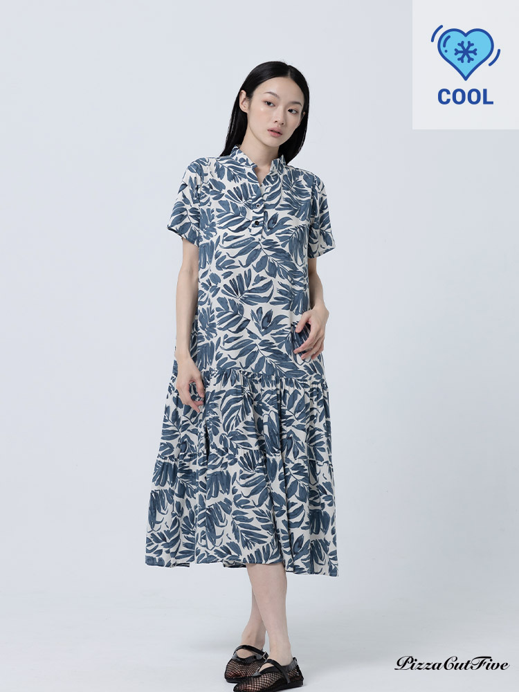 [兩件1580｜涼感洋裝]塗鴉感葉子印花短袖連身洋裝 PizzaCutFive PCF262485114