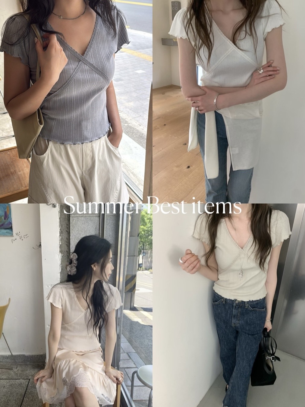 Jun6108 本期推薦!法式簡約蕾絲滾邊Ｖ領修身坑條上衣