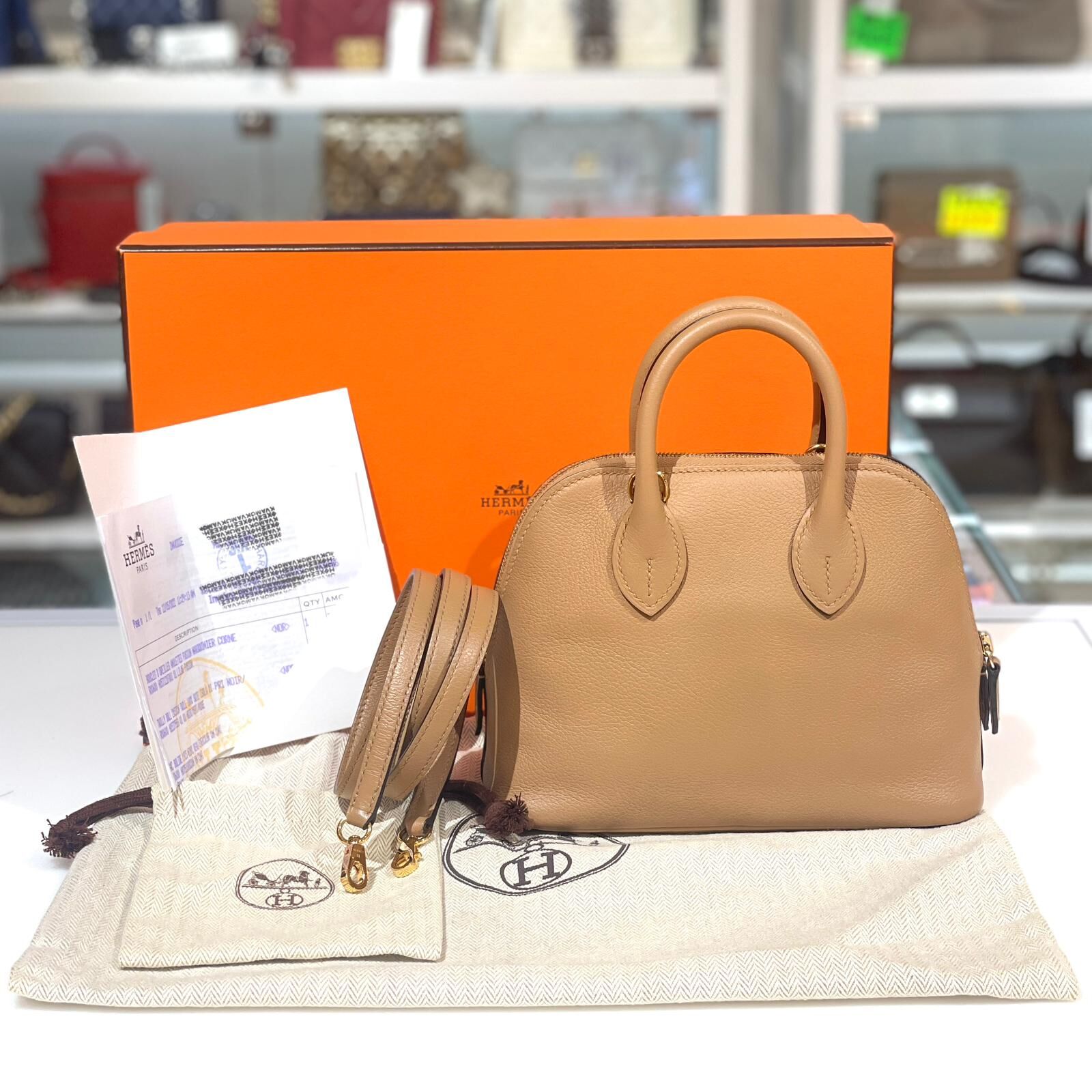 99%NEW二手HERMES Mini Bolide, UIT75IBW, 0M Chai GHW, 薩拉茶色(新奶茶色) EVERCOLOR皮, #香榭站正品