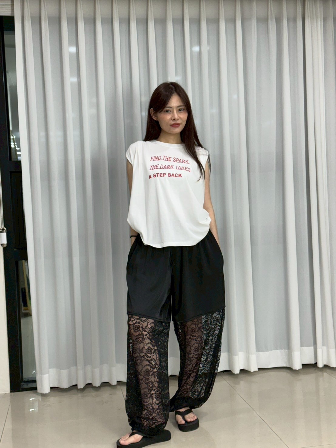 PM6307 黑色蕾絲拼接設計長褲