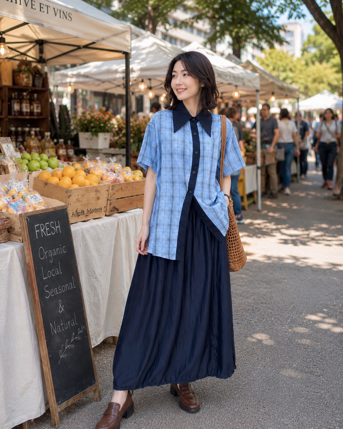 SHORT SLEEVE CHECKED BUTTON LONG SHIRT