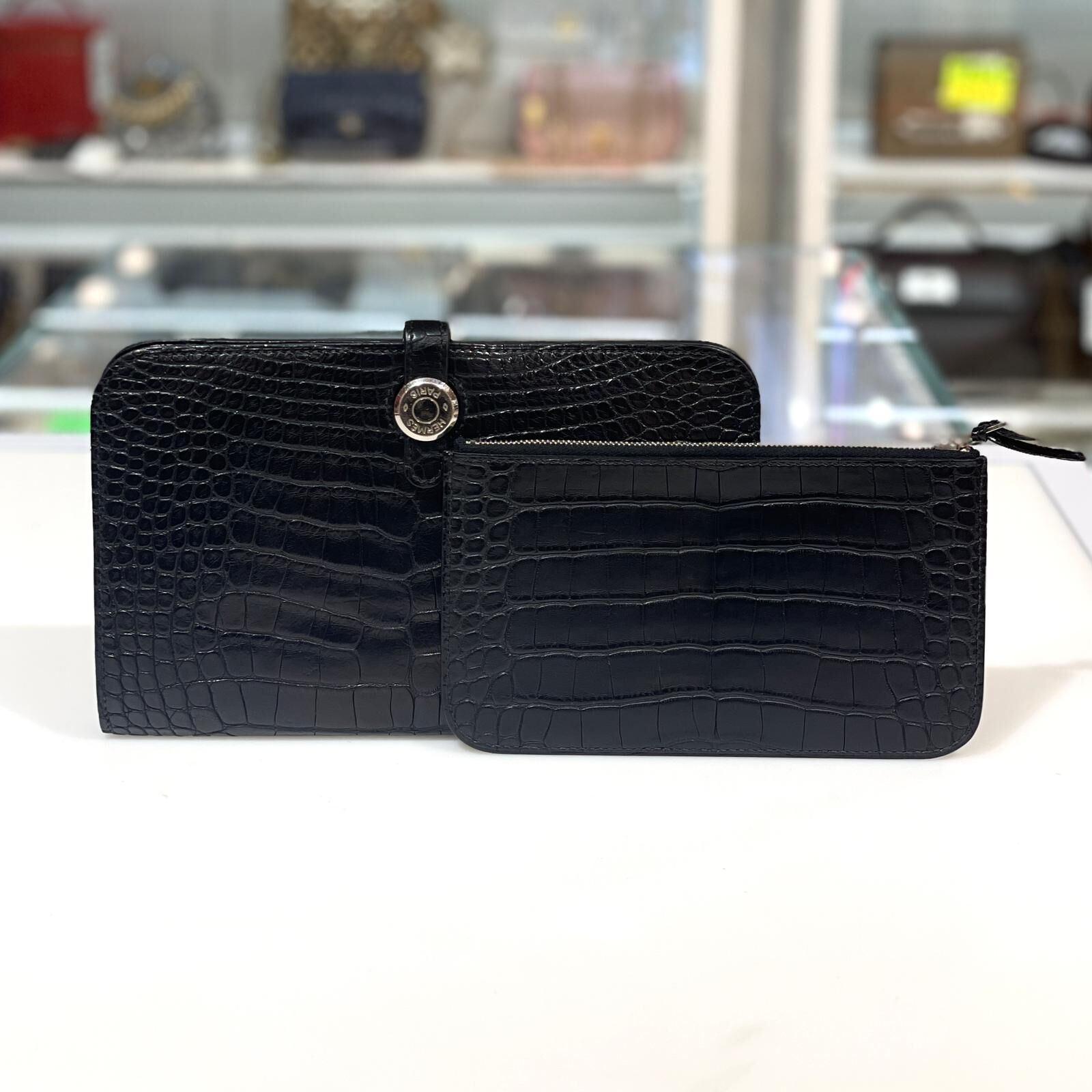 98%NEW二手HERMES長銀包 框R 黑色短吻鱷魚皮(Alligator)銀扣 Dogon Duo Wallet #香榭站正品