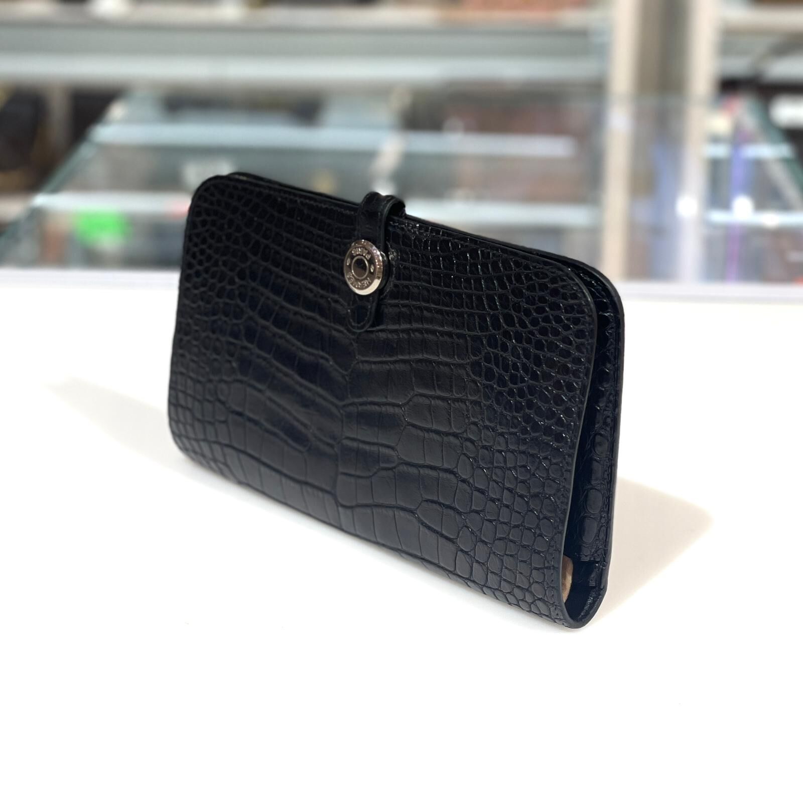 98%NEW二手HERMES長銀包 框R 黑色短吻鱷魚皮(Alligator)銀扣 Dogon Duo Wallet #香榭站正品