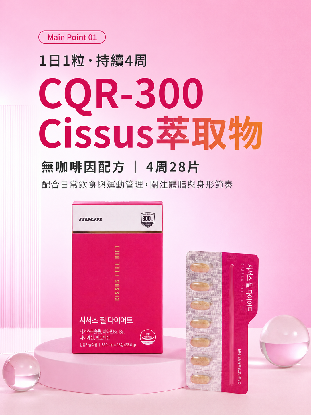 韓國NUON CQR燃脂4周裝無咖啡因植萃纖維複配纖體丸