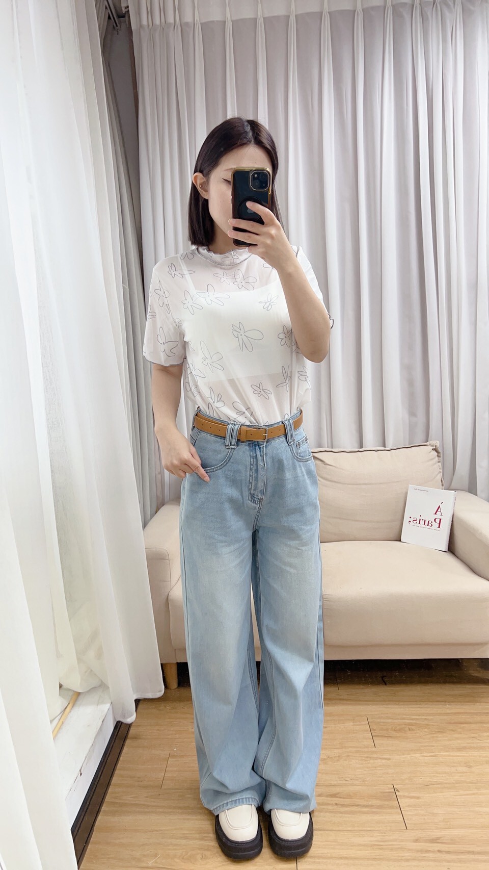 附腰帶速乾牛仔寬褲