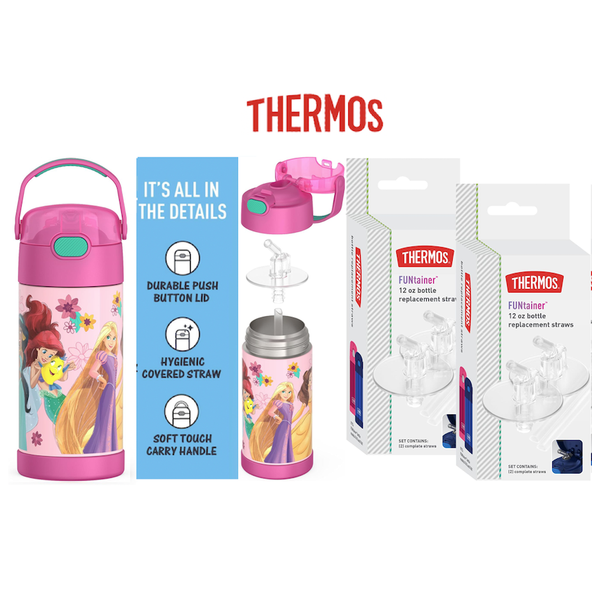 美國 Thermos 不鏽鋼真空兒童保溫吸管水壺 - Disney Princess + 吸管替換配件 (4 件裝)