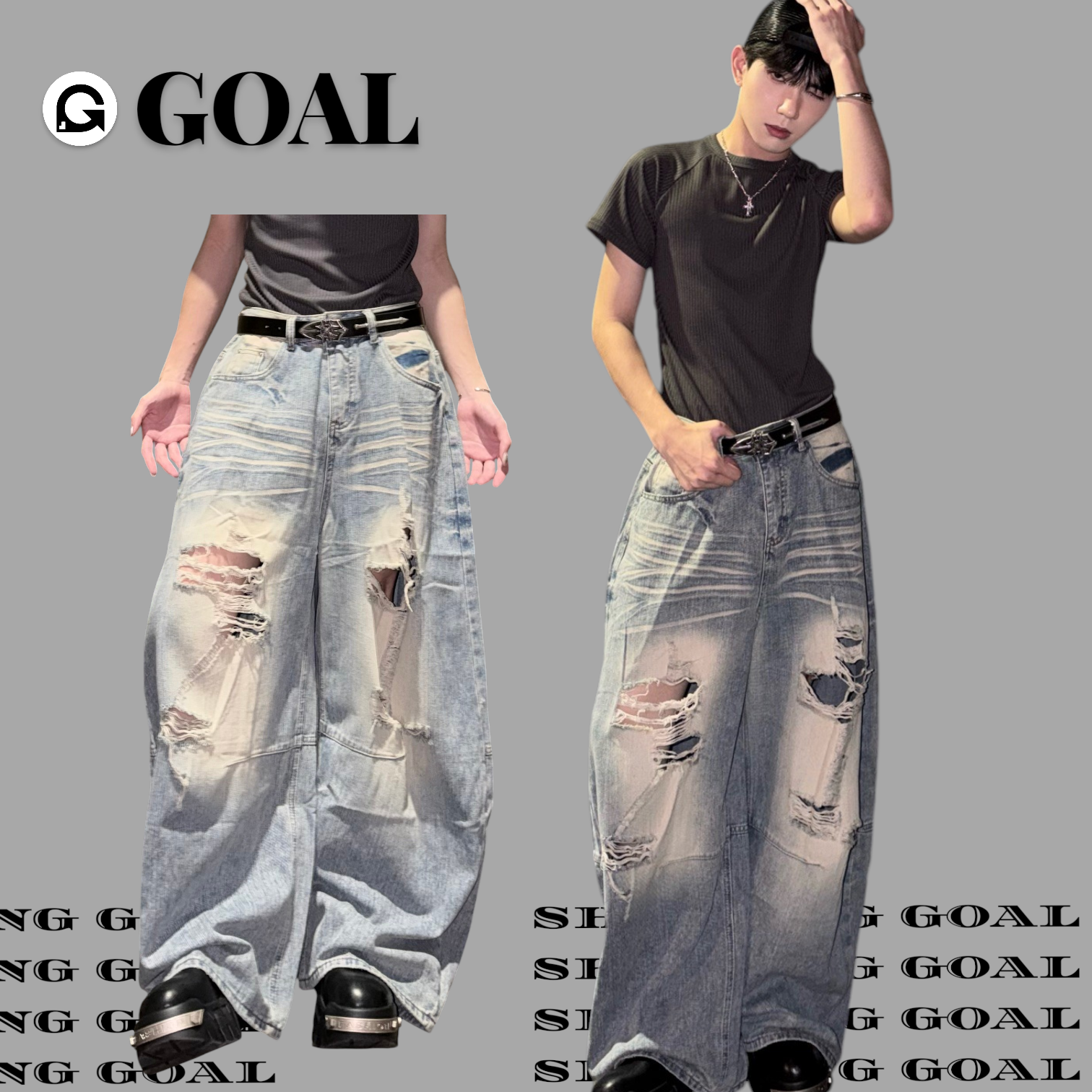 (GOAL) 美式刷色大破壞彎刀落地褲 DT 390