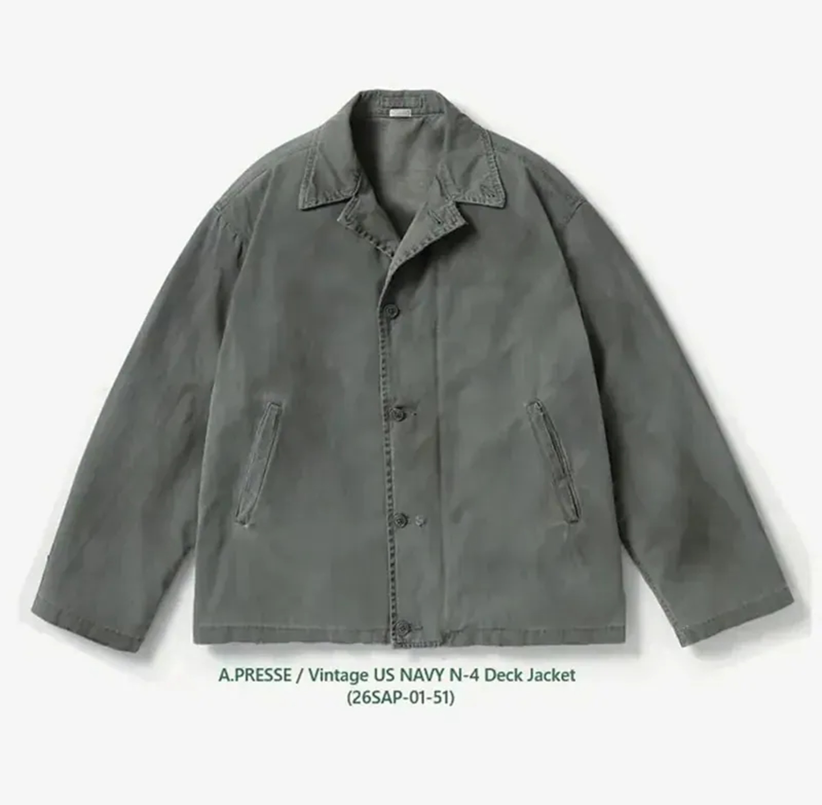 LAST PCS: A.PRESSE 2026 VINTAGE US NAVY N-4 DECK JACKET (26SAP-01-51) - SAGE PRE ORDER ITEM (預訂中)