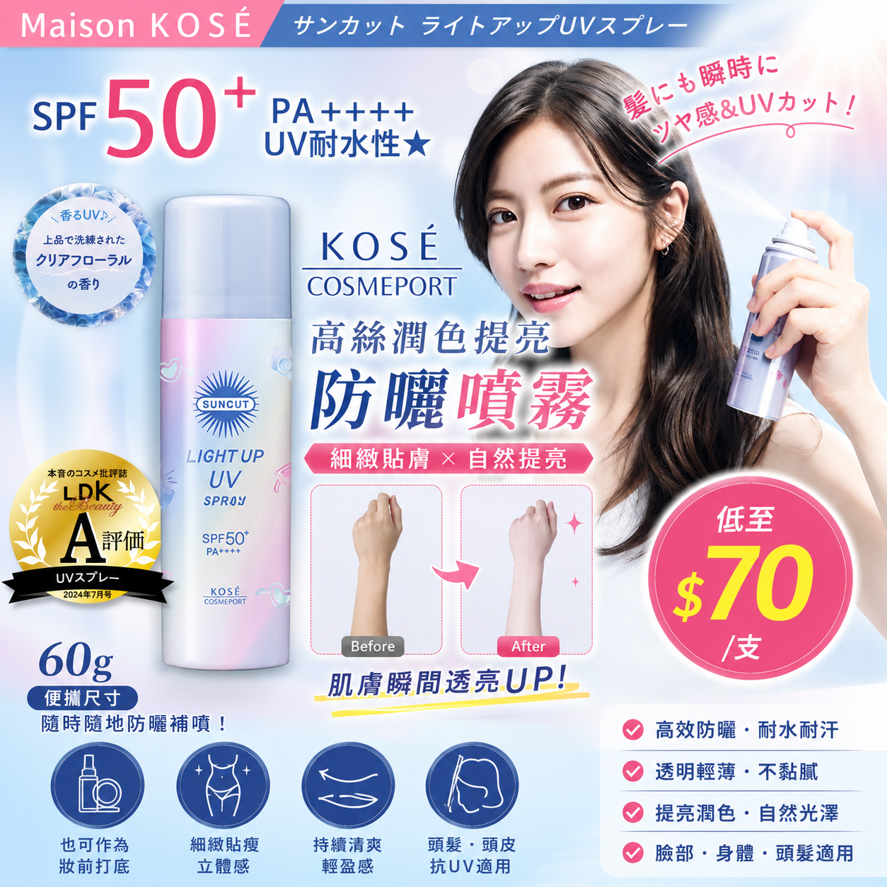 【UB9725】KOSE高絲防曬噴霧 60g (潤色提亮)