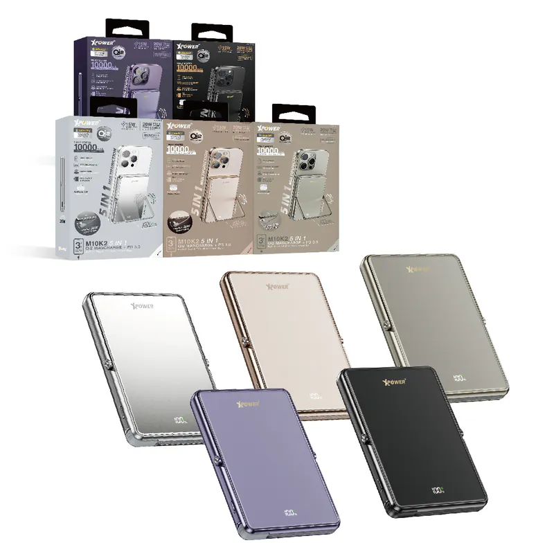 (3C認證版)XPower M10K2 5合1鋅合金支架數顯 10000mAh PD3.0+QI2 磁吸移動電源