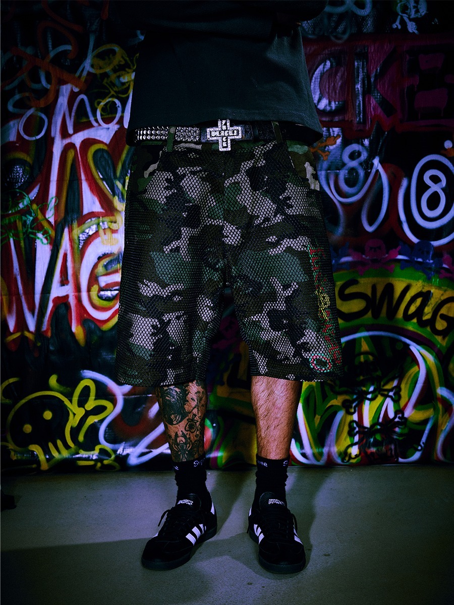 BLACK8MOB F*UCKSWAG Mesh Patchwork Double-Layer Badge Applique Camouflage Shorts