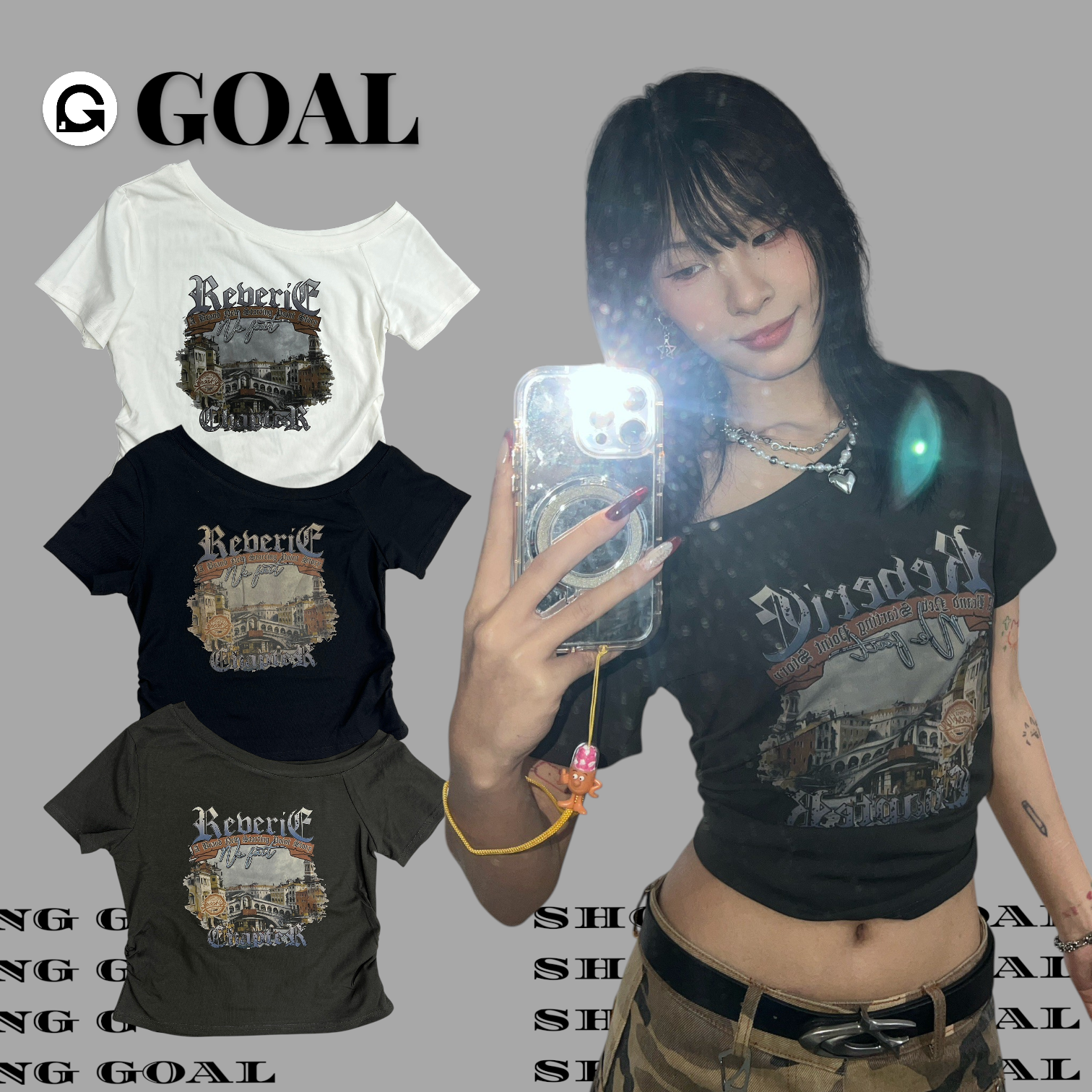 (GOAL) 復古字母抓皺斜肩短版上衣 268661