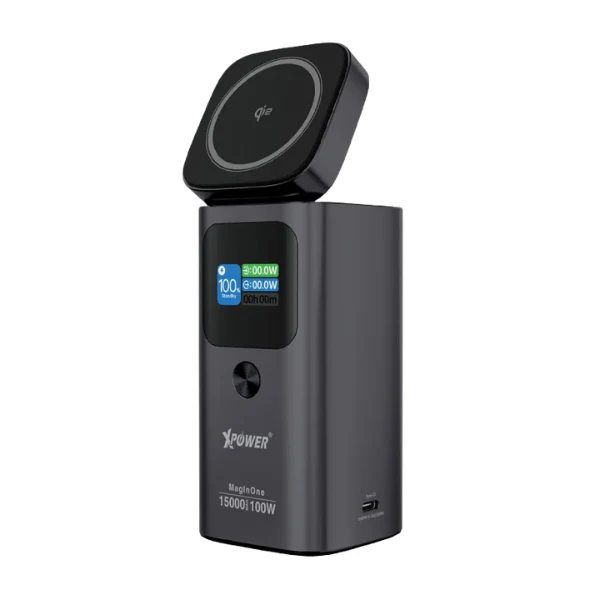 (3C認證版)XPower MagInOne 4合1 Qi2 TFT數顯 15W無線充電座+15000mAh 移動電源
