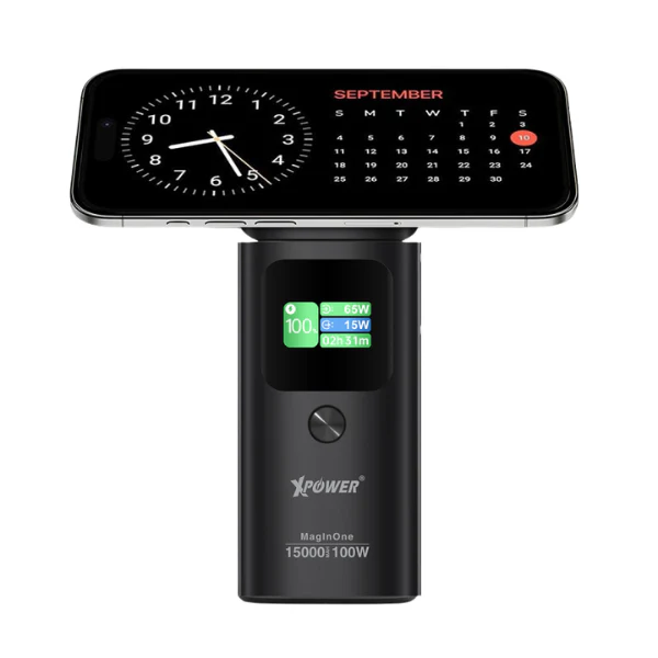 (3C認證版)XPower MagInOne 4合1 Qi2 TFT數顯 15W無線充電座+15000mAh 移動電源