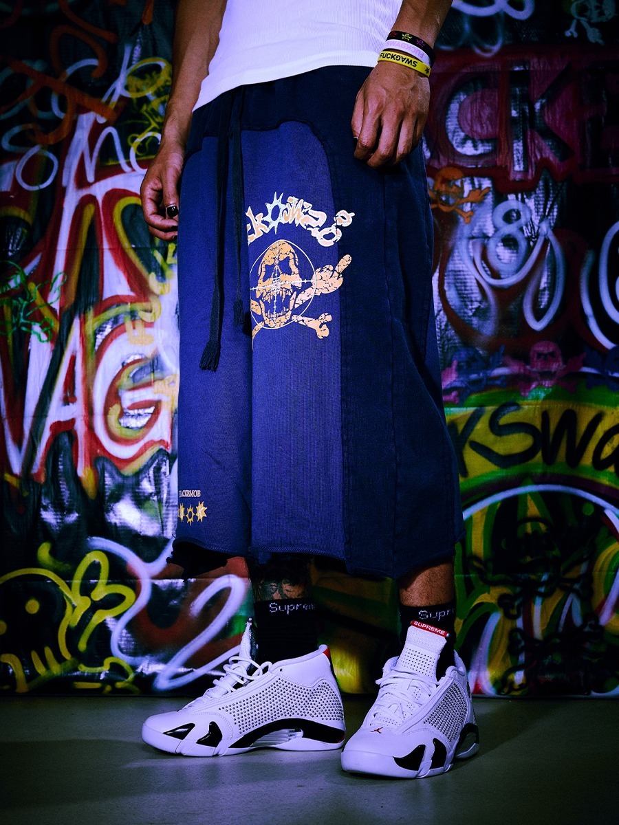 BLACK8MOB F*UCKSWAG Middle Finger Skull Color Block Vintage Distressed Washed Capri Pants