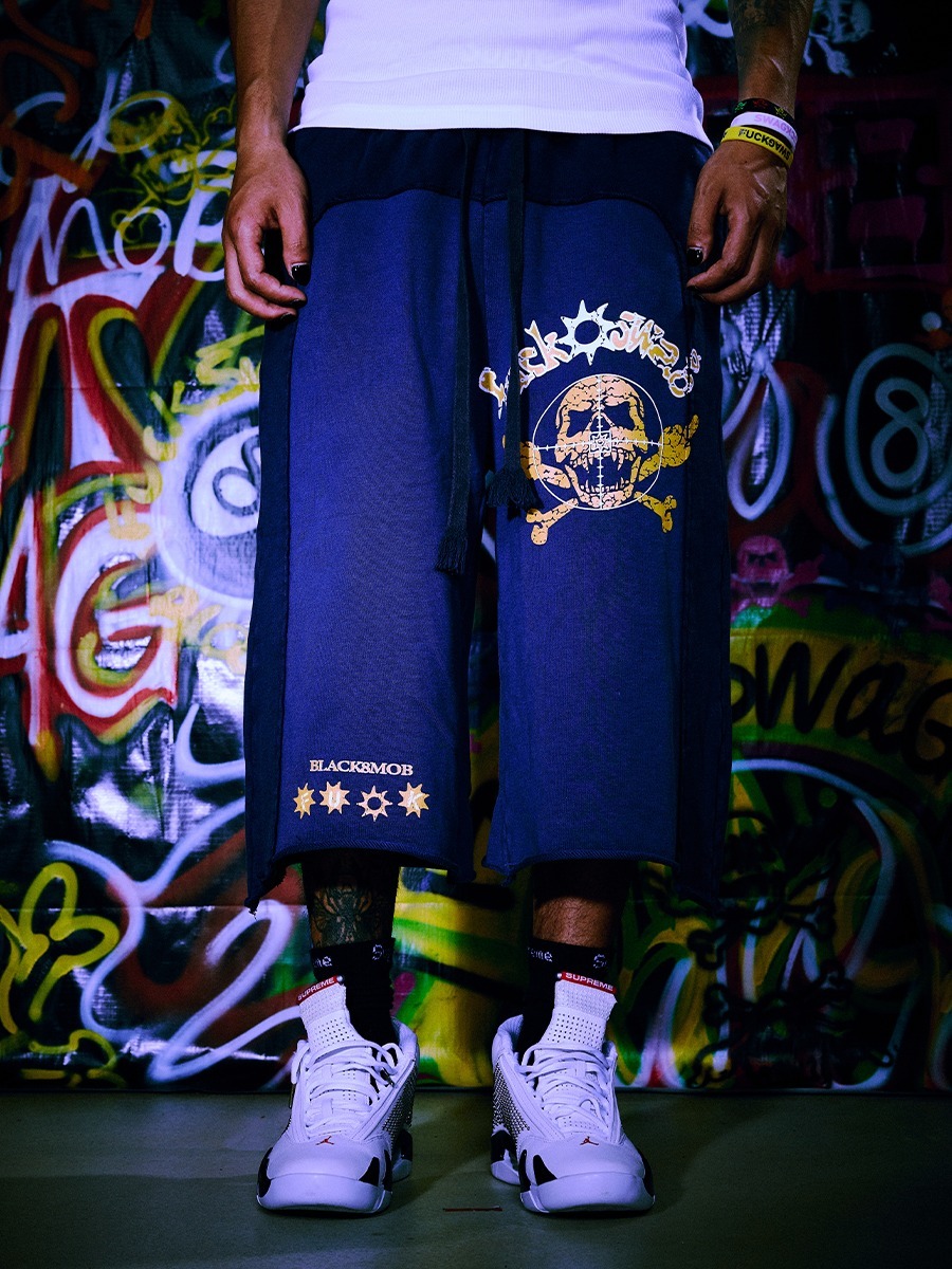 BLACK8MOB F*UCKSWAG Middle Finger Skull Color Block Vintage Distressed Washed Capri Pants