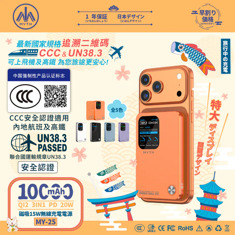 (3C可追溯二維碼)Myth MY25 3合1 PD20W Q12移動電源10000mAh 磁吸15 | 1.8寸特大FTF顯示屏