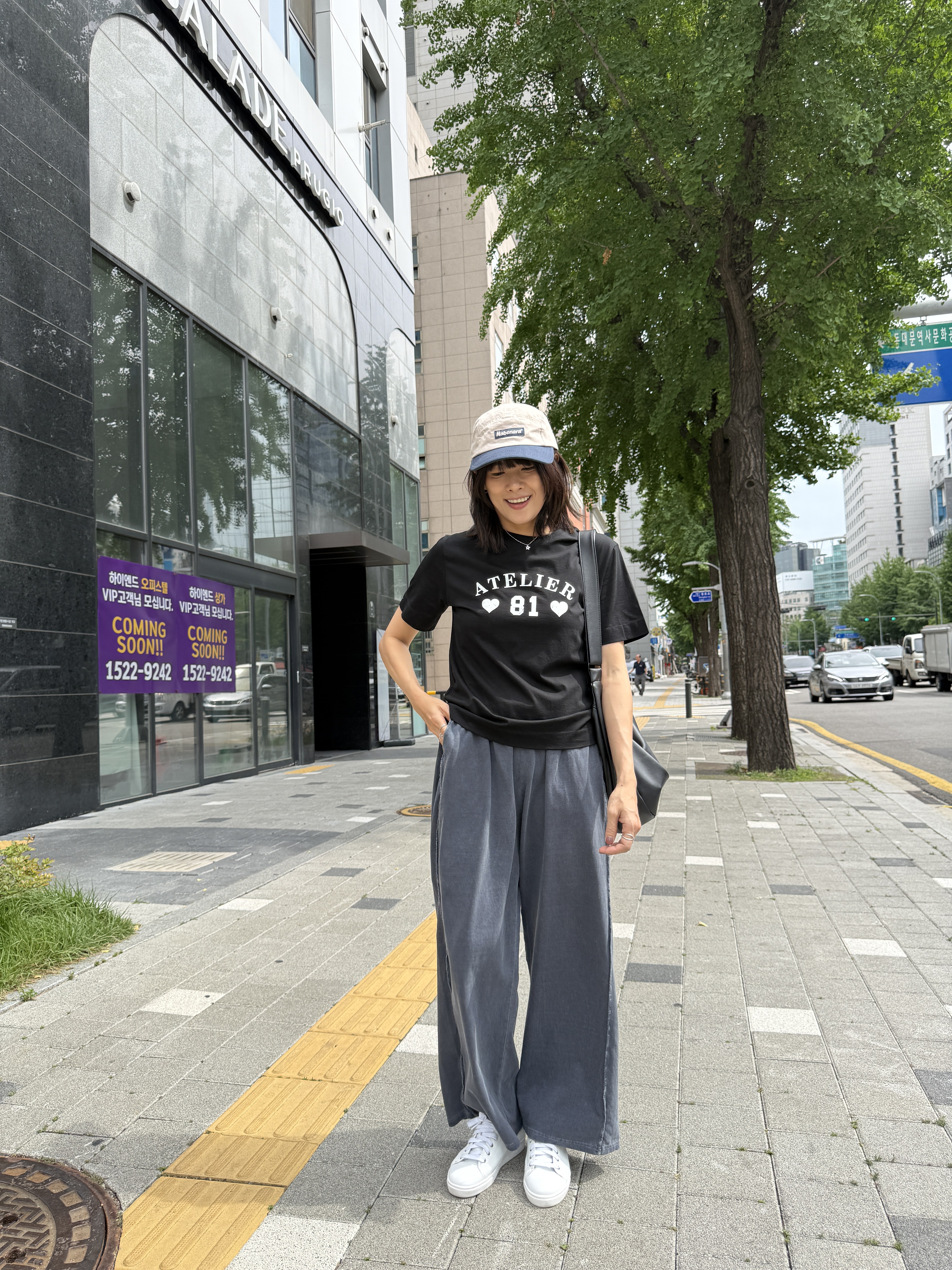 正韓藍灰車線顯瘦鬆緊棉質寬褲