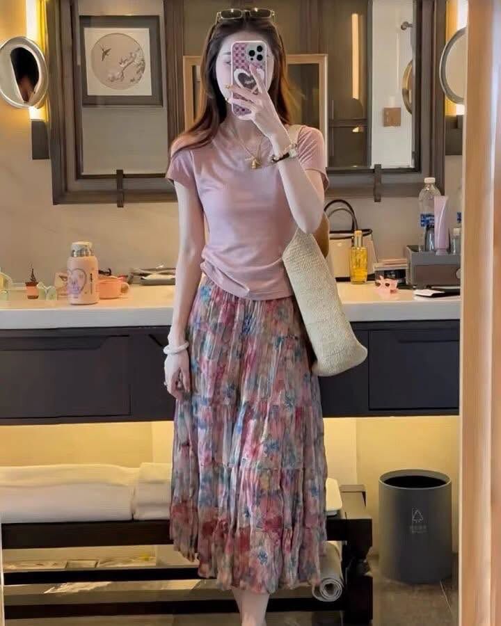 【莫奈彩染印花壓褶紡絲裙】（預購）