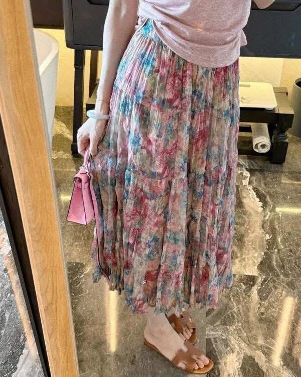 【莫奈彩染印花壓褶紡絲裙】（預購）
