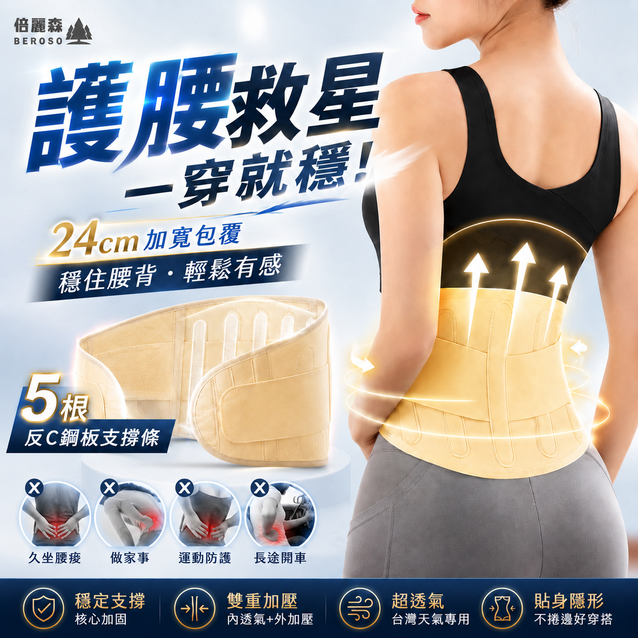 涼感雙加壓高彈支撐透氣防護腰帶 C45