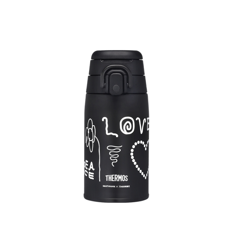 THERMOS x INAPSQUARE 黑白童趣塗鴉 彈扣真空保溫瓶 400ml 黑色