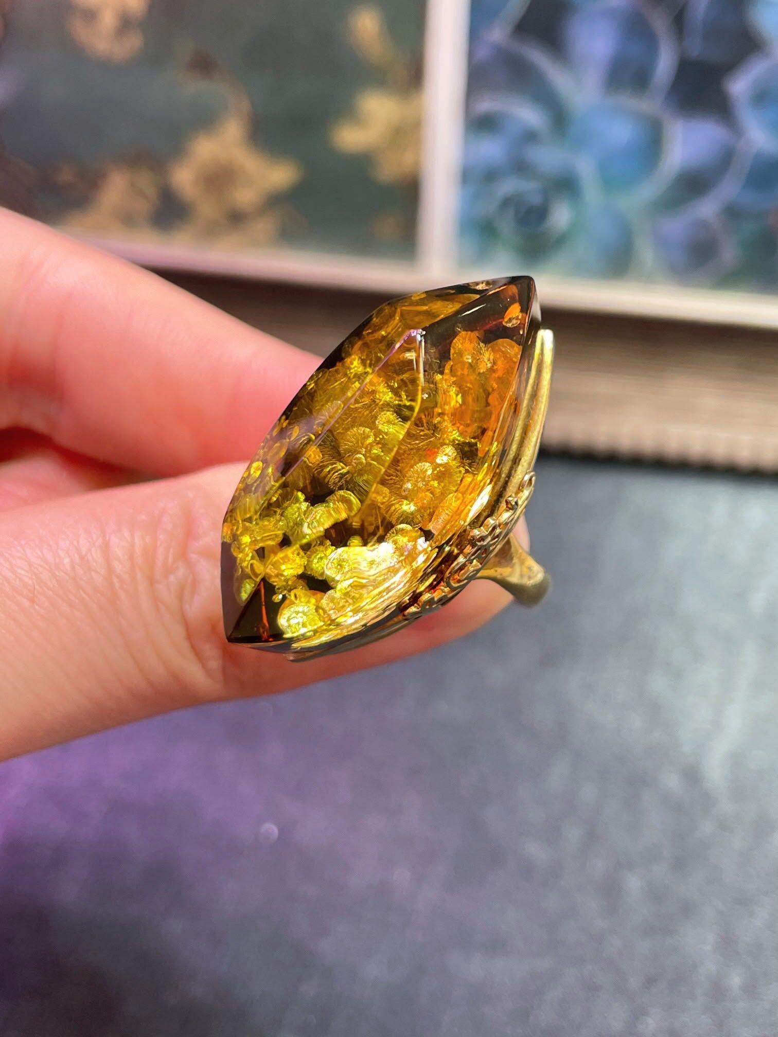 0628BA03-BALTICAMBER-RING-波蘭製造 天然波羅的海花珀戒指 [活口可調節s925銀，鍍金鑲嵌] (A3)