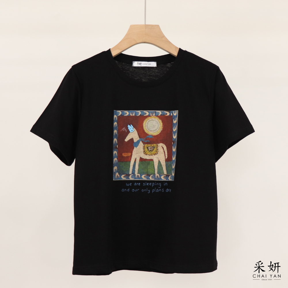 馬兒串珠印花短袖上衣