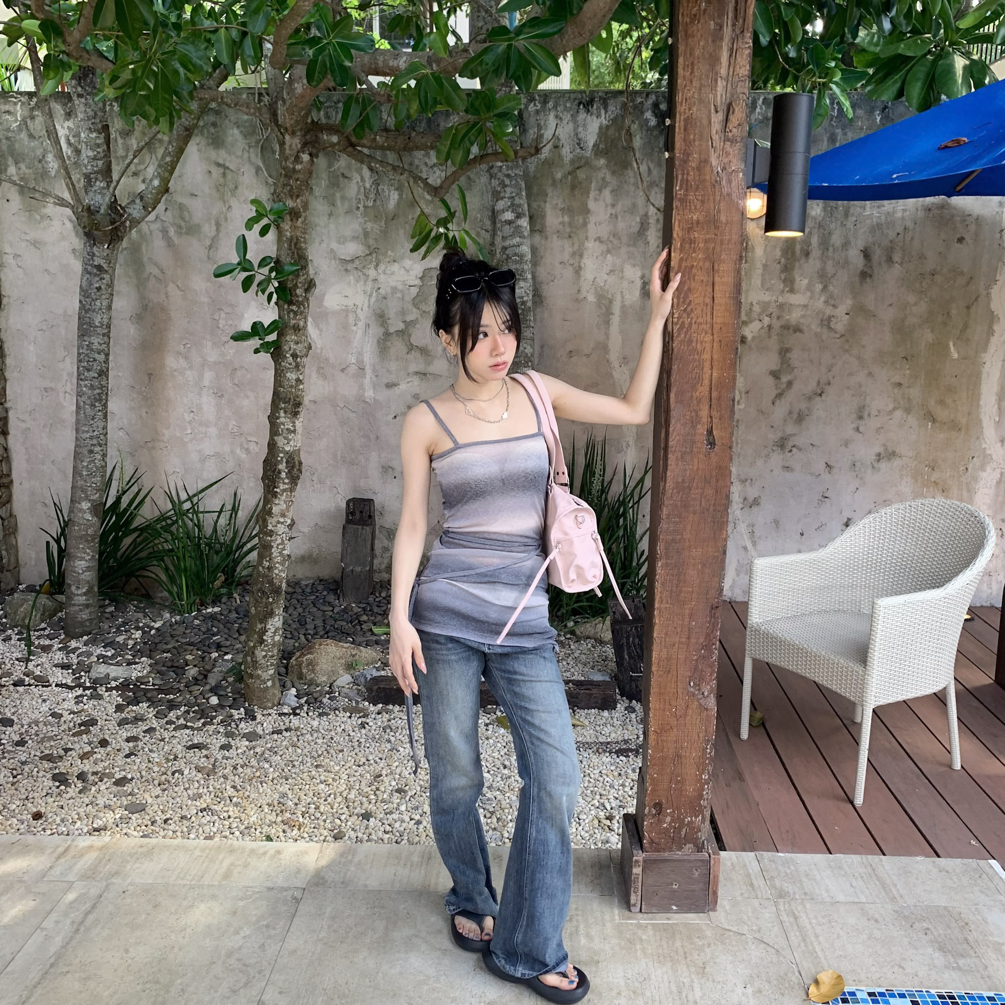 ISA_日落晚霞 漸層暈染側開衩綁帶吊帶洋裝_65043