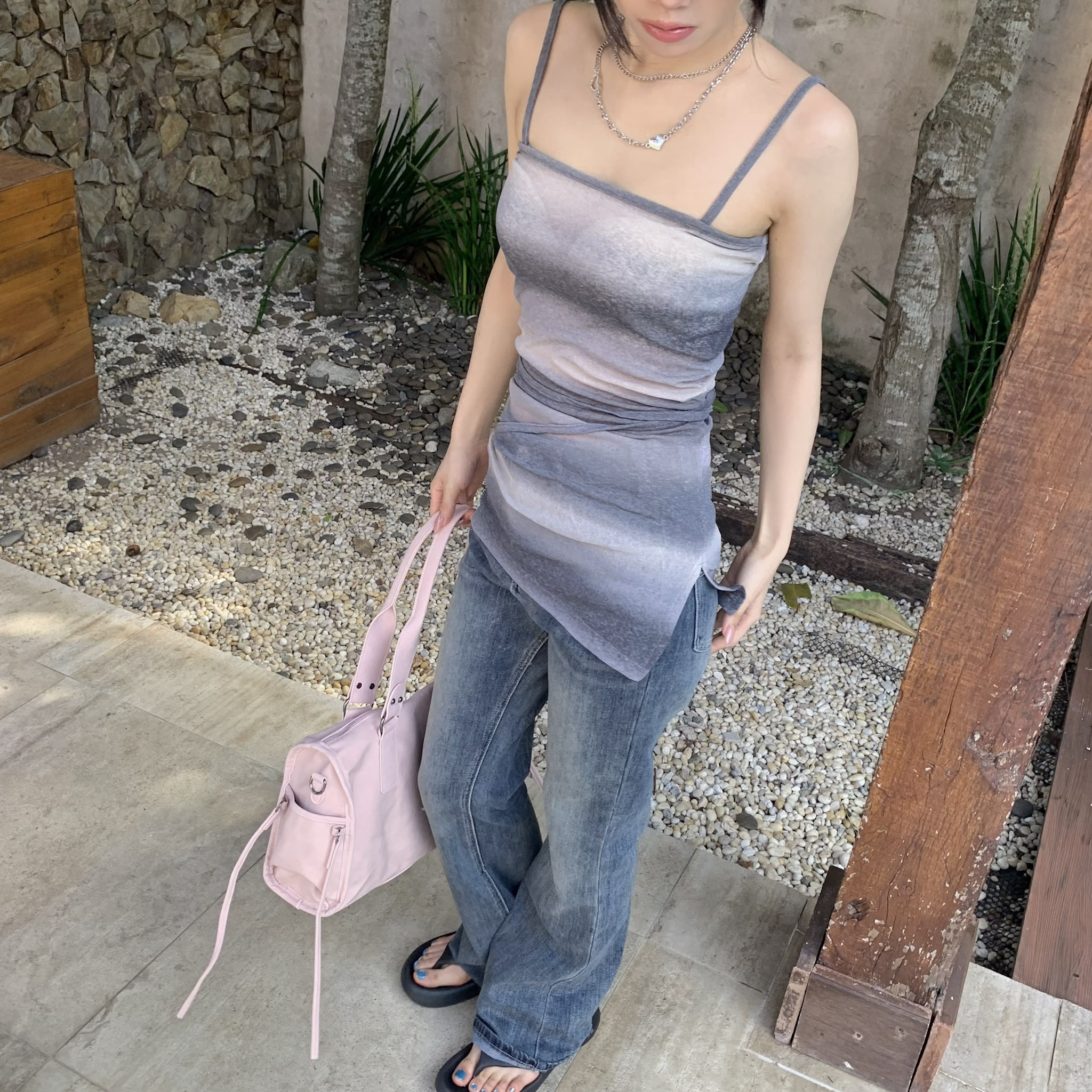 ISA_日落晚霞 漸層暈染側開衩綁帶吊帶洋裝_65043