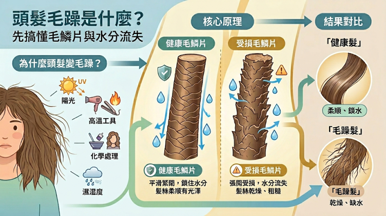 頭髮毛躁是什麼?先搞懂毛鱗片與水分流失,頭髮會毛躁,問題通常出在毛鱗片受損或沒辦法平整閉合。 一旦髮絲內部的水分和營養流失,外觀就會變得粗糙、乾燥,甚至容易亂翹、打結、失去光澤。 想要有效改善,得先弄懂毛鱗片與水分流失的關係,這樣才好判斷接下來該著重補水、深層修護,還是直接修剪受損的部分。