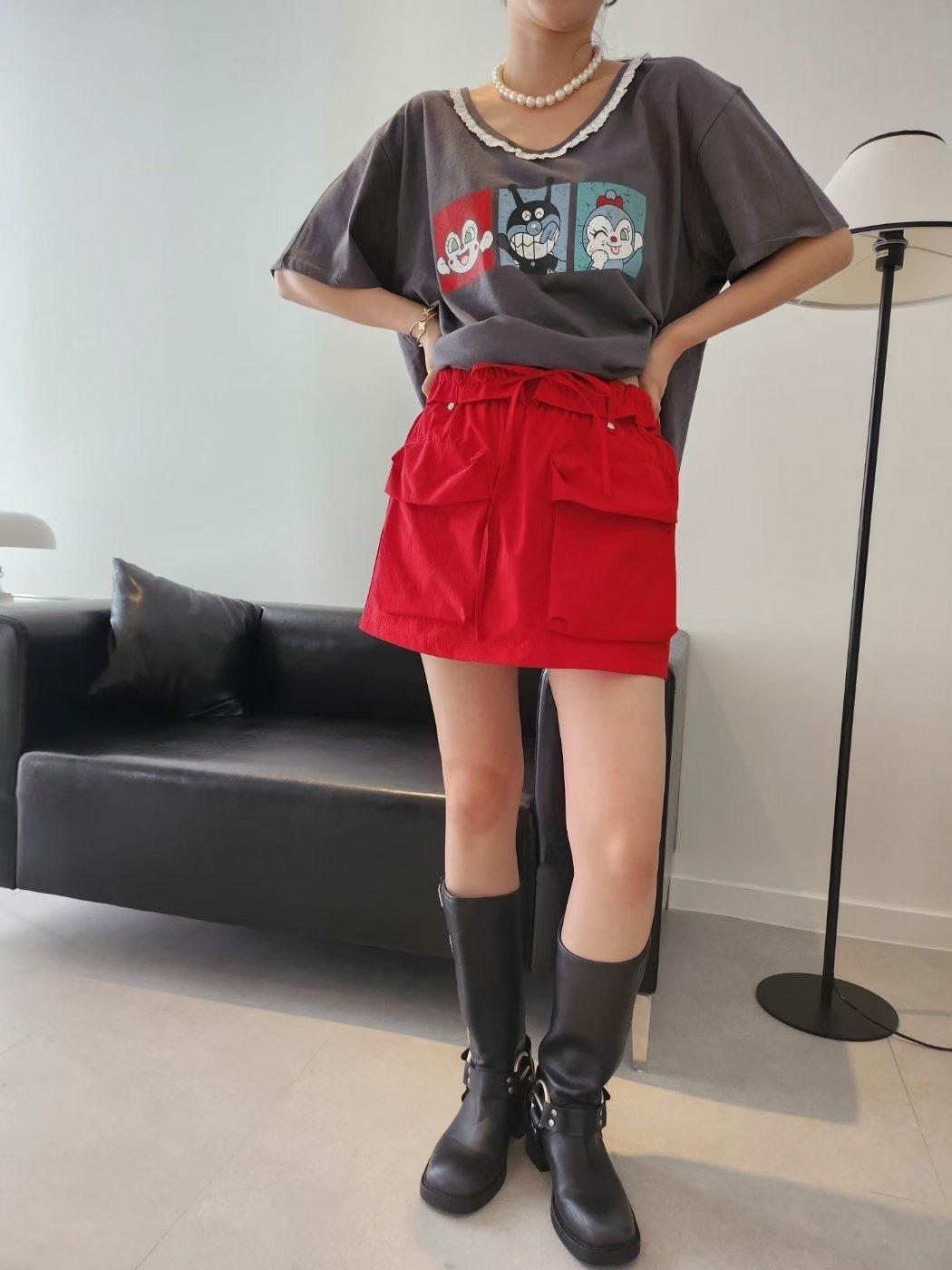 鬆緊綁帶大口袋短裙(內安全褲)