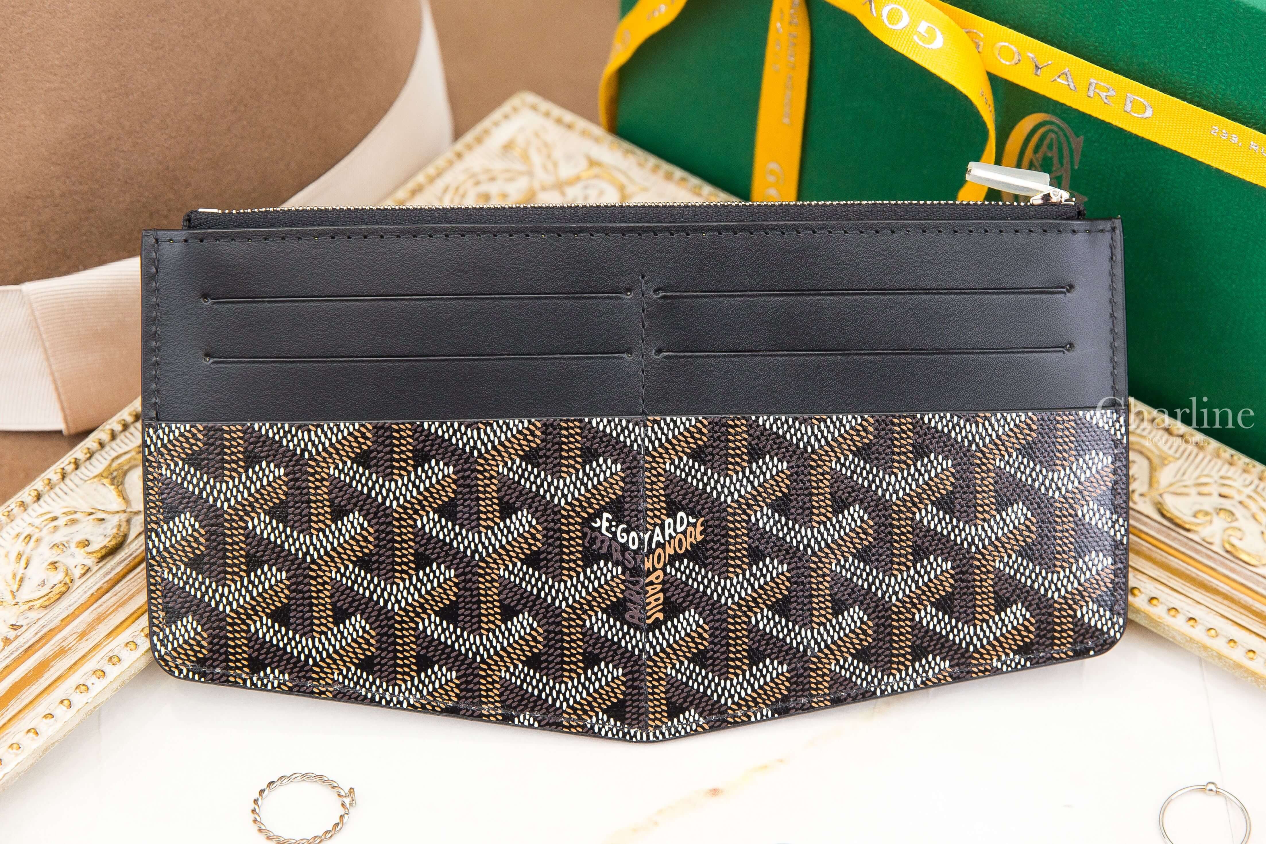 Goyard Insert Louise 黑色帆布小牛皮拼黃色內裡薄型八卡拉鍊長夾-Charline Boutique 精品代購
