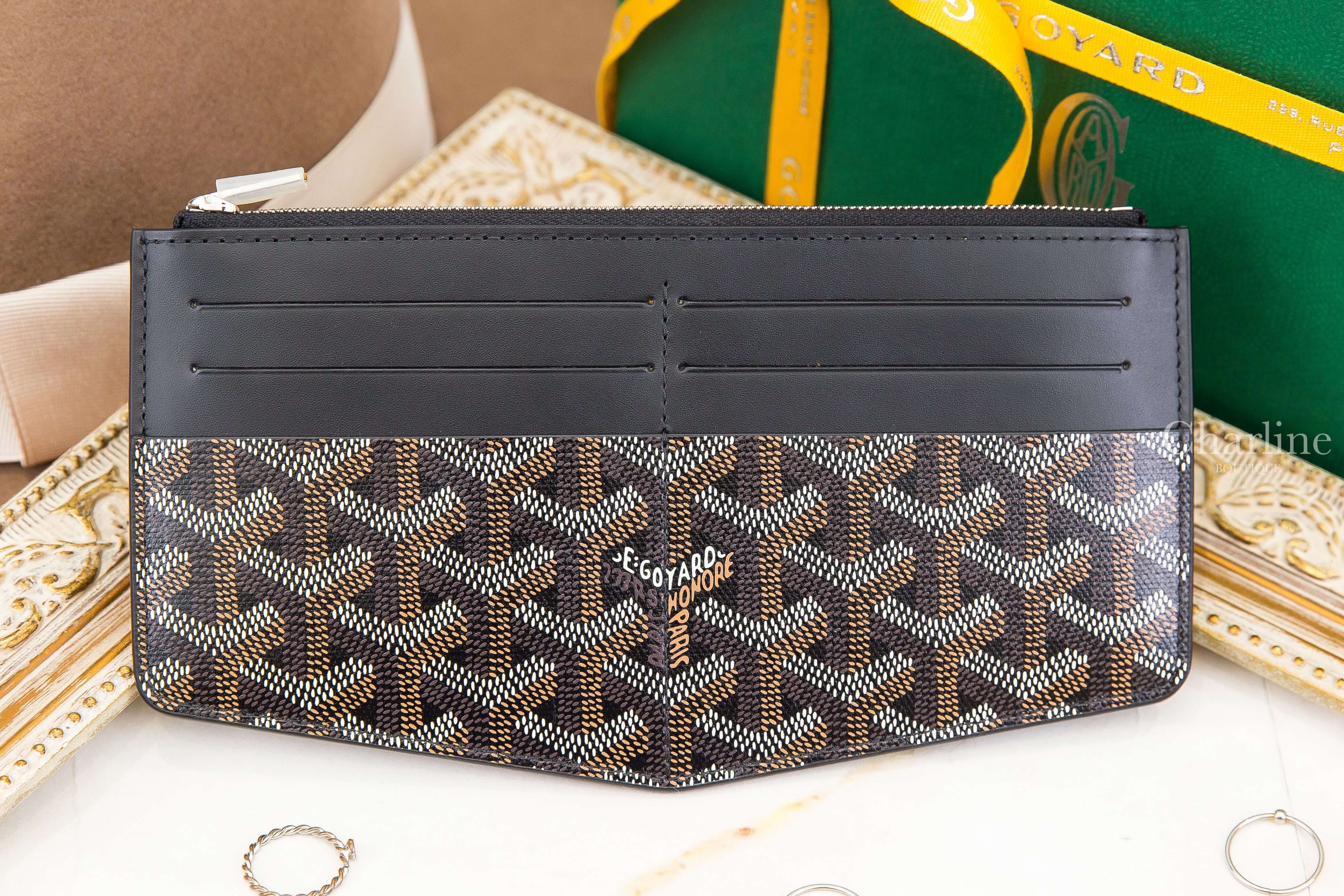 Goyard Insert Louise 黑色帆布小牛皮拼黃色內裡薄型八卡拉鍊長夾