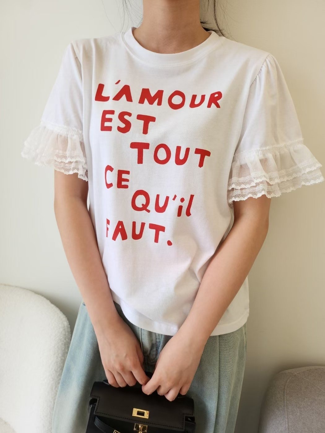 L'AMOUR紗蕾絲袖短袖T
