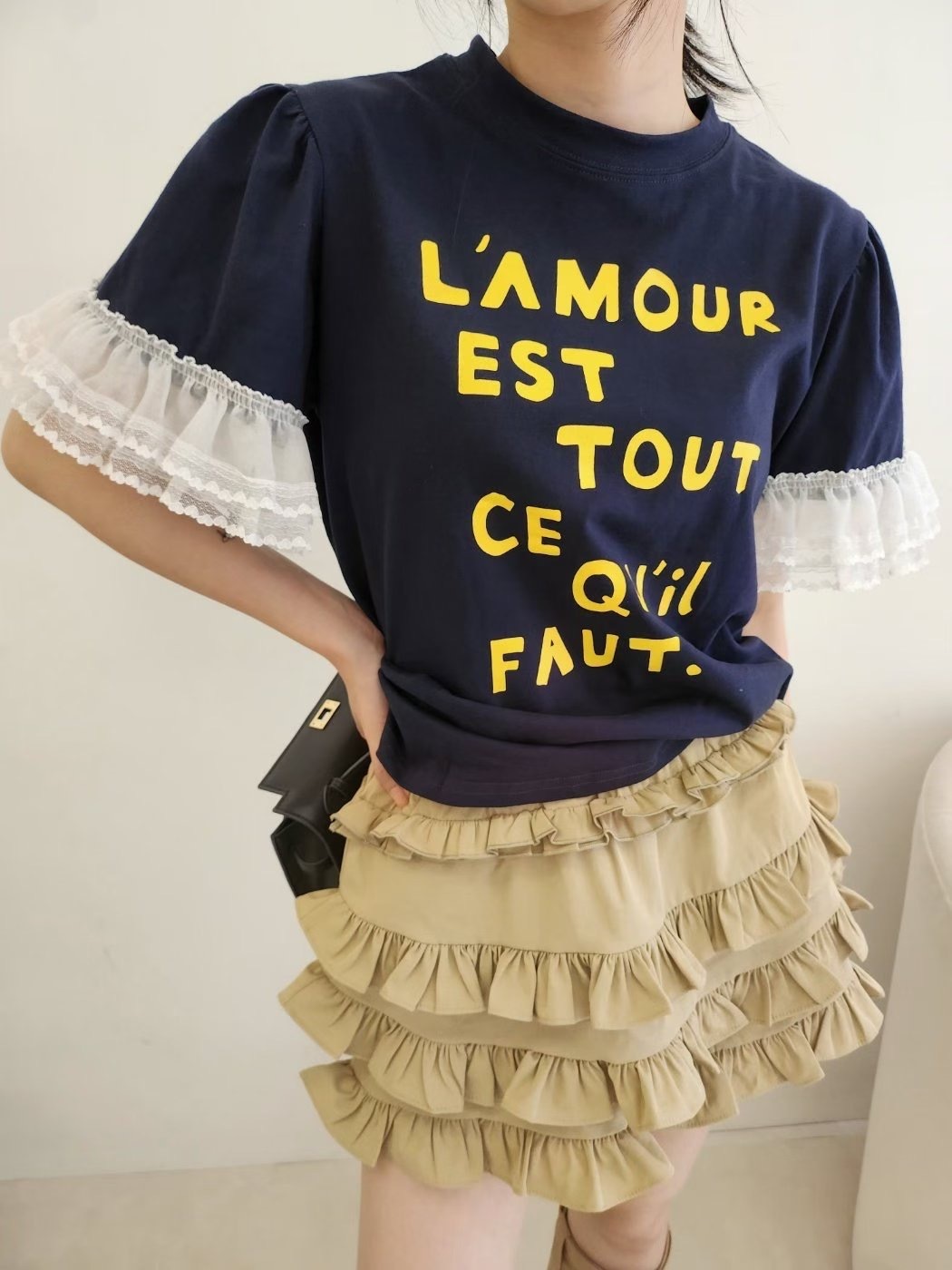 L'AMOUR紗蕾絲袖短袖T
