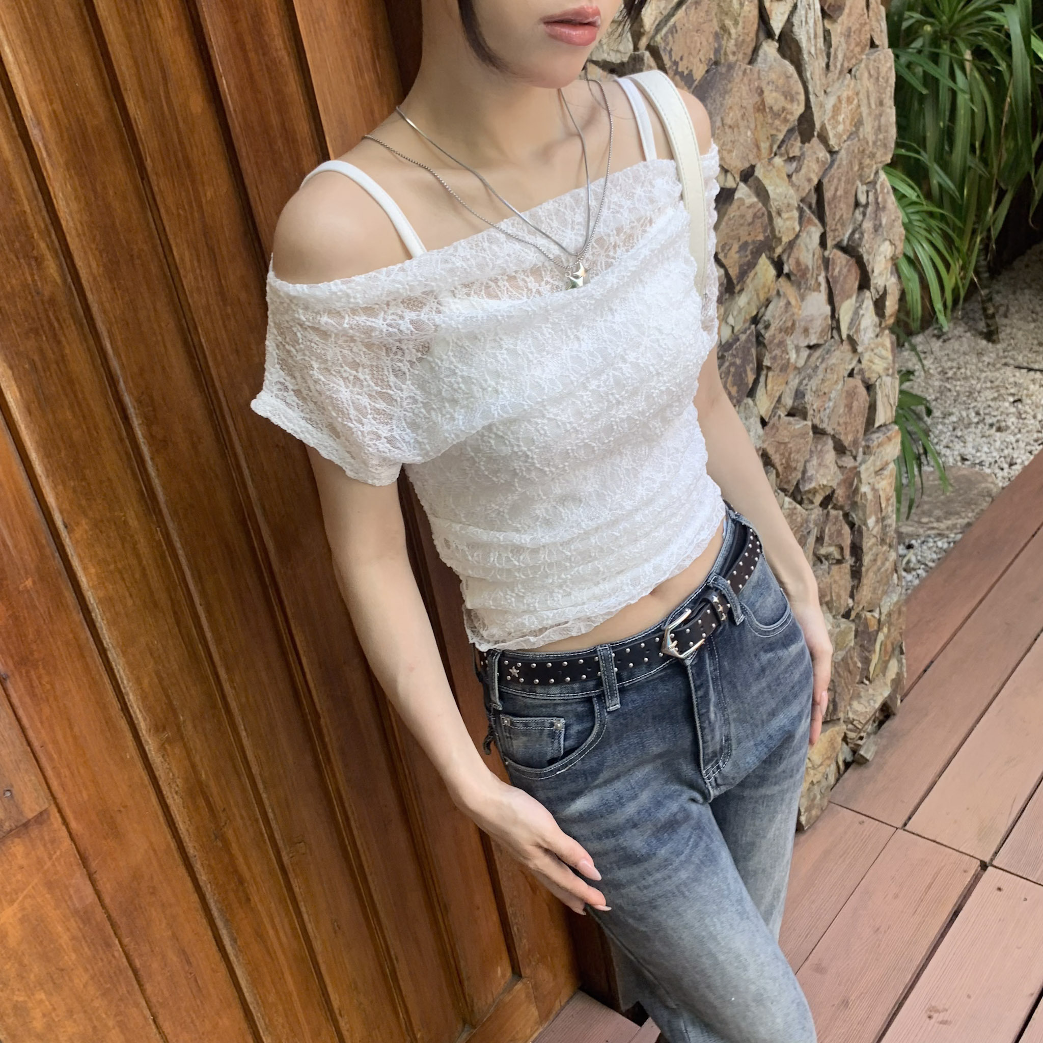 ISA_多種顏值! 側抓皺蕾絲背心(1+1)套裝_65088
